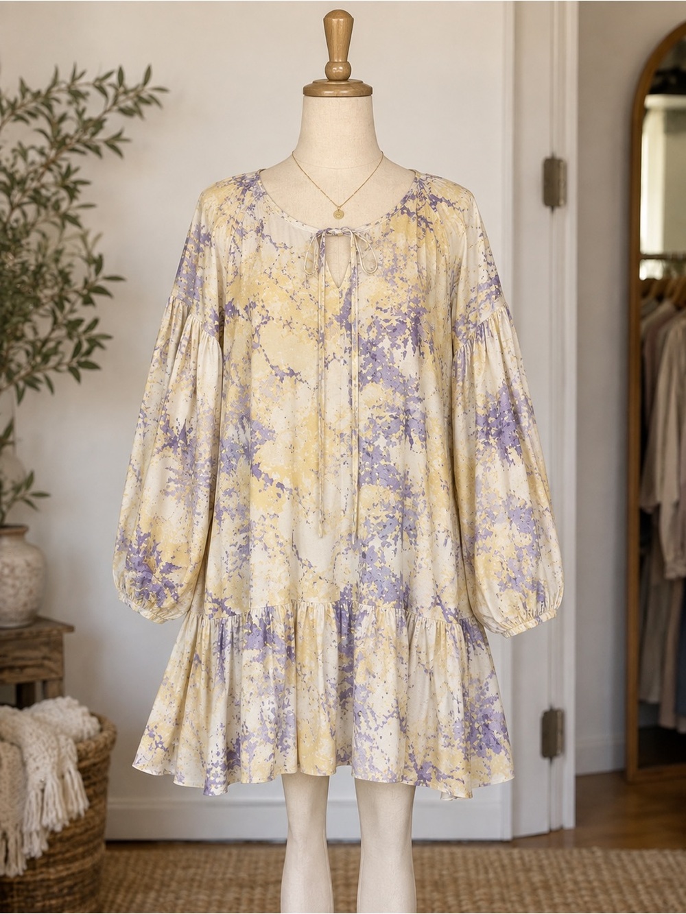Women’s Yellow & Lavender Floral Tie-Neck Babydoll Dress